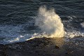 Au sud de la péninsule de Valdés, au pied du phare de Punta Delgada, les derniers rayons du soleil éclairent une vague qui se brise sur la côte. argentine,patagonie,chubut,peninsule de valdes,punta delgada 